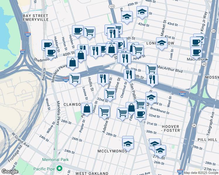map of restaurants, bars, coffee shops, grocery stores, and more near 3336 Magnolia Street in Oakland