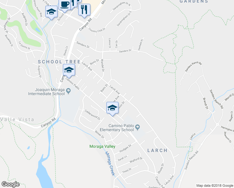 map of restaurants, bars, coffee shops, grocery stores, and more near 1100 Larch Avenue in Moraga