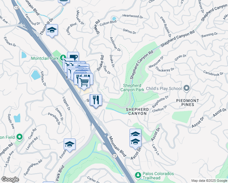 map of restaurants, bars, coffee shops, grocery stores, and more near 5915 Rincon Drive in Oakland