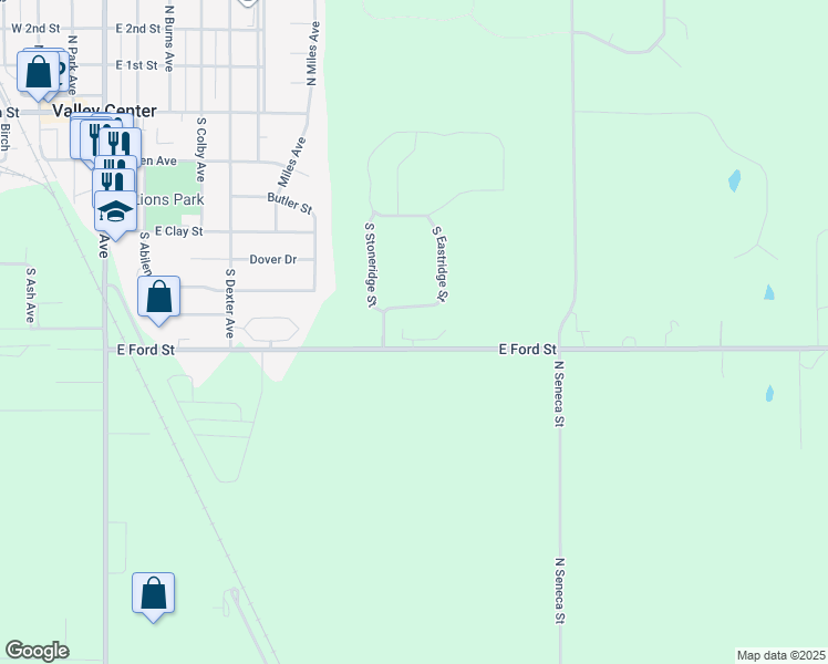 map of restaurants, bars, coffee shops, grocery stores, and more near 1240 East Ford Street in Valley Center