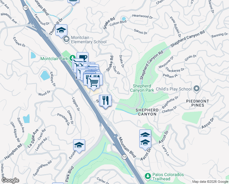 map of restaurants, bars, coffee shops, grocery stores, and more near 2125 Magellan Drive in Oakland