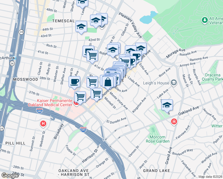 map of restaurants, bars, coffee shops, grocery stores, and more near 4037 Piedmont Avenue in Oakland