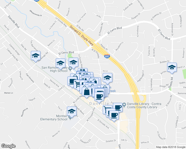 map of restaurants, bars, coffee shops, grocery stores, and more near 30 Cedar Hollow Drive in Danville