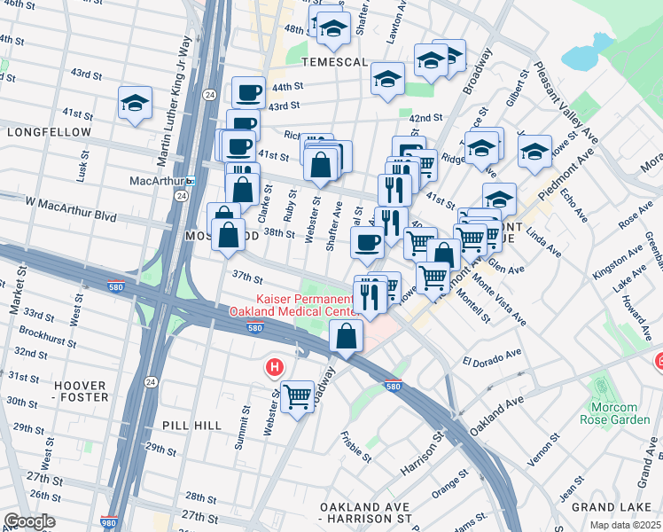 map of restaurants, bars, coffee shops, grocery stores, and more near 3756 Shafter Avenue in Oakland