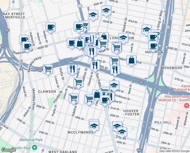 map of restaurants, bars, coffee shops, grocery stores, and more near 3427 San Pablo Avenue in Oakland