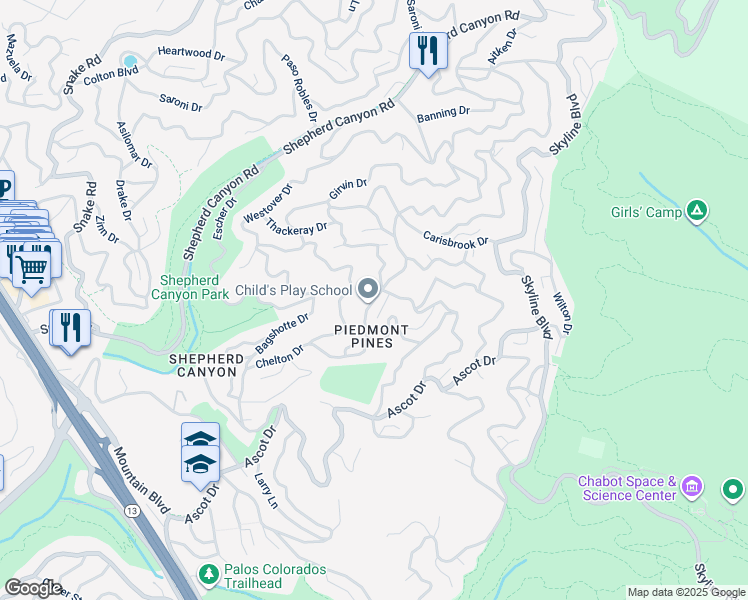 map of restaurants, bars, coffee shops, grocery stores, and more near Chelton Drive in Oakland