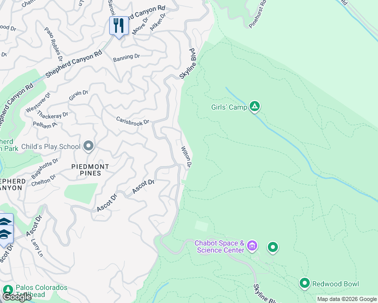 map of restaurants, bars, coffee shops, grocery stores, and more near 6800 Wilton Drive in Oakland