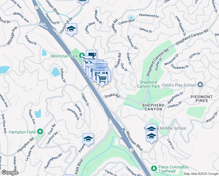 map of restaurants, bars, coffee shops, grocery stores, and more near 6267 Merced Avenue in Oakland