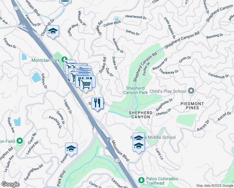 map of restaurants, bars, coffee shops, grocery stores, and more near 5915 Rincon Drive in Oakland