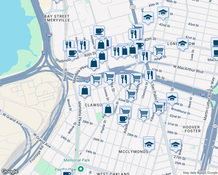 map of restaurants, bars, coffee shops, grocery stores, and more near 1423 34th Street in Oakland