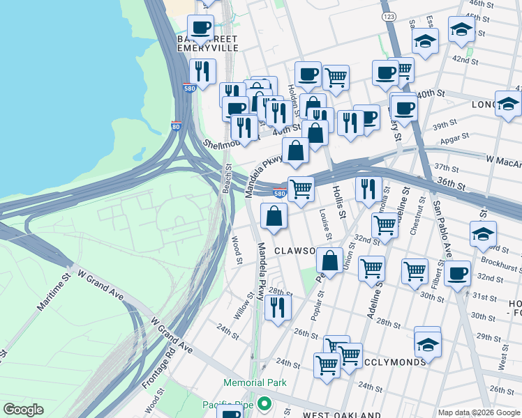 map of restaurants, bars, coffee shops, grocery stores, and more near 3447 Ettie Street in Oakland