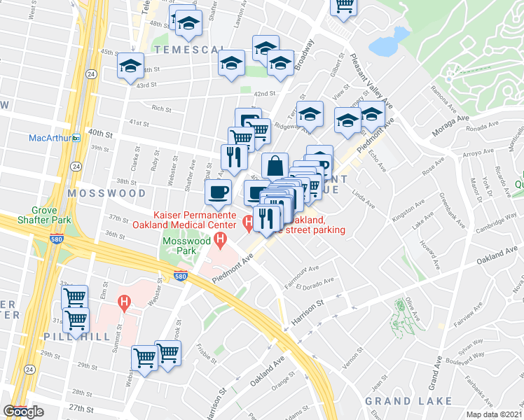map of restaurants, bars, coffee shops, grocery stores, and more near 3843 Howe Street in Oakland