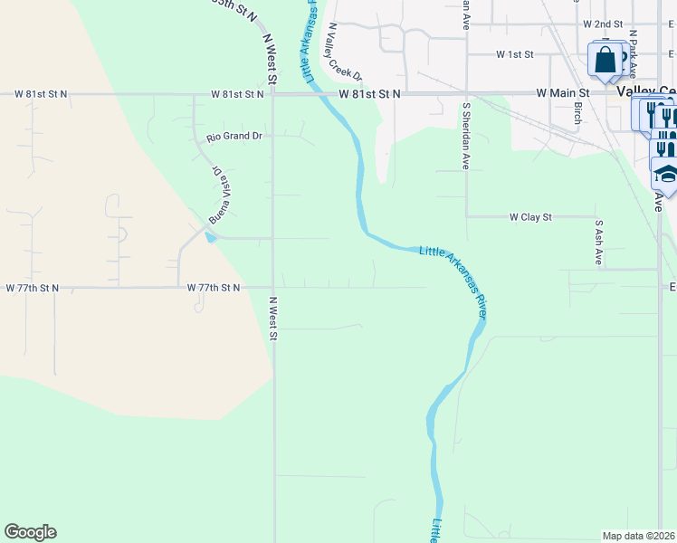 map of restaurants, bars, coffee shops, grocery stores, and more near 3600-3700 West 77th Street North in Valley Center