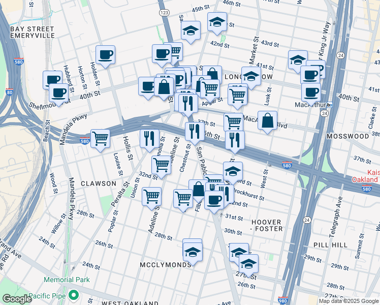 map of restaurants, bars, coffee shops, grocery stores, and more near in Oakland