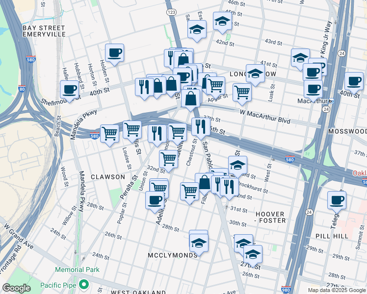 map of restaurants, bars, coffee shops, grocery stores, and more near 1132 34th Street in Oakland