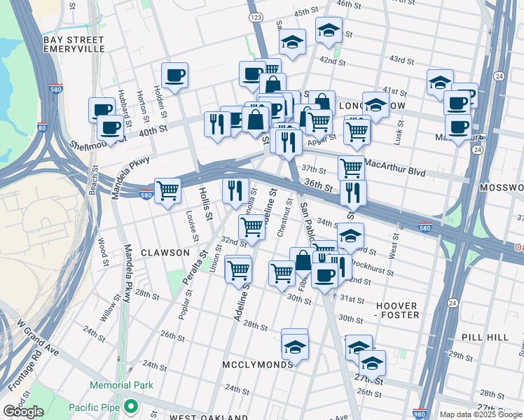 map of restaurants, bars, coffee shops, grocery stores, and more near 1132 34th Street in Oakland