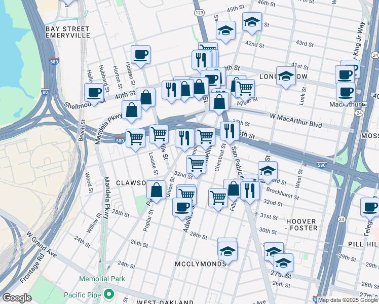 map of restaurants, bars, coffee shops, grocery stores, and more near 3336 Magnolia Street in Oakland