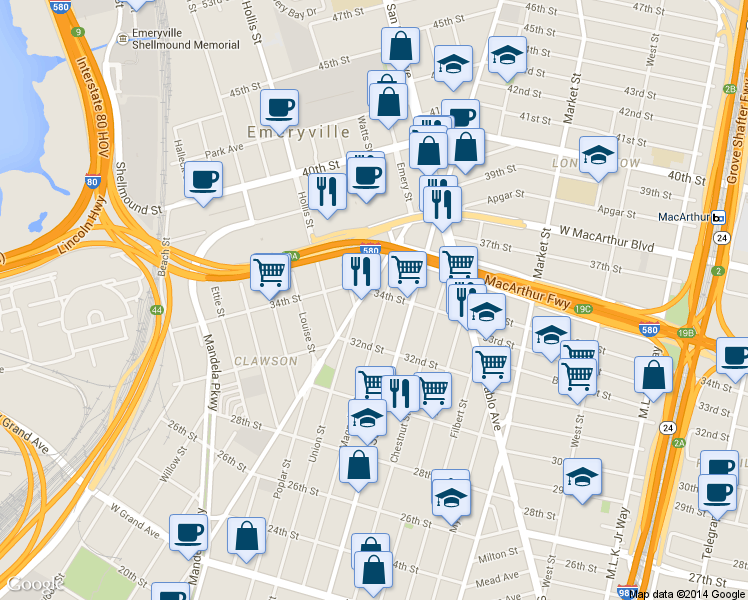 map of restaurants, bars, coffee shops, grocery stores, and more near 3336 Magnolia Street in Oakland