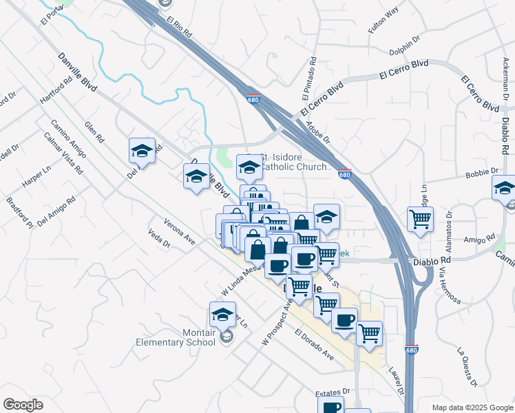 map of restaurants, bars, coffee shops, grocery stores, and more near 408 La Gonda Way in Danville