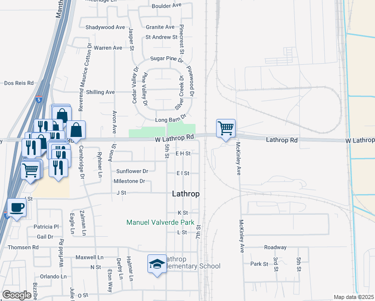map of restaurants, bars, coffee shops, grocery stores, and more near 963 East H Street in Lathrop