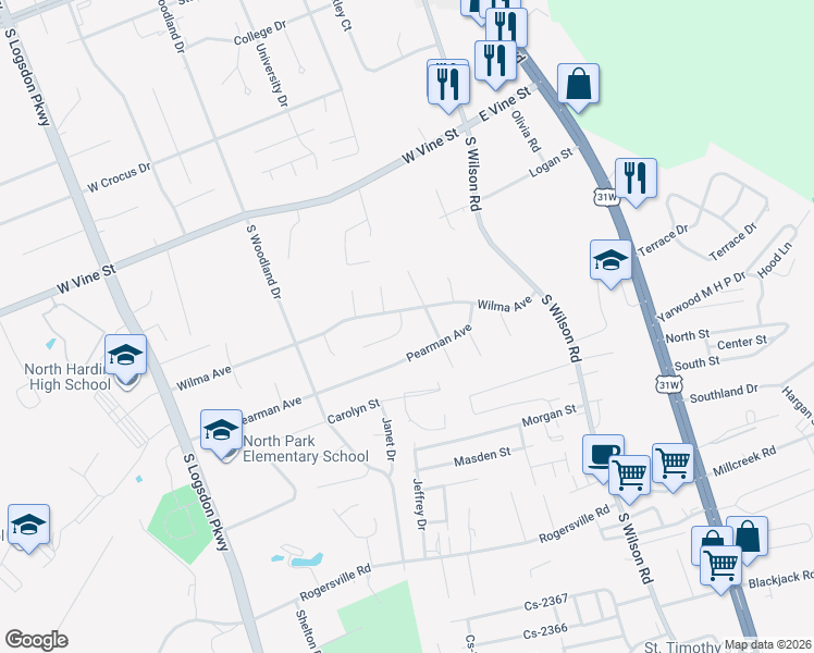 map of restaurants, bars, coffee shops, grocery stores, and more near 102 Kristen Court in Radcliff