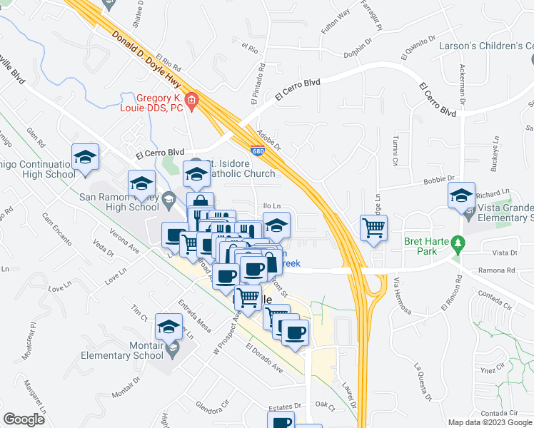 map of restaurants, bars, coffee shops, grocery stores, and more near 284 West El Pintado in Danville