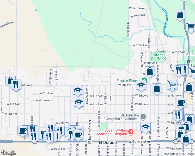 map of restaurants, bars, coffee shops, grocery stores, and more near 13 West Court in El Dorado