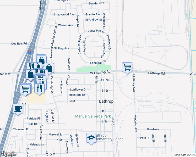map of restaurants, bars, coffee shops, grocery stores, and more near 15086 5th Street in Lathrop