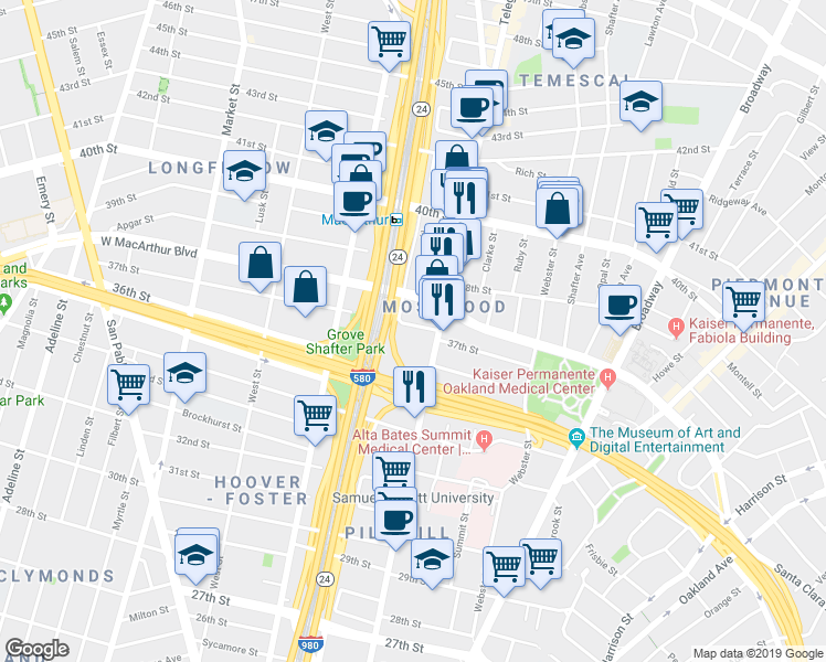 map of restaurants, bars, coffee shops, grocery stores, and more near 545 37th Street in Oakland