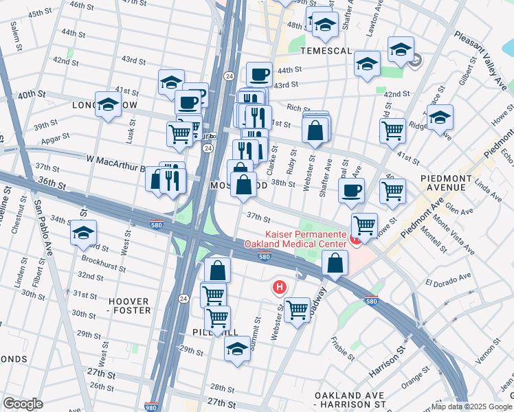 map of restaurants, bars, coffee shops, grocery stores, and more near 485 West MacArthur Boulevard in Oakland