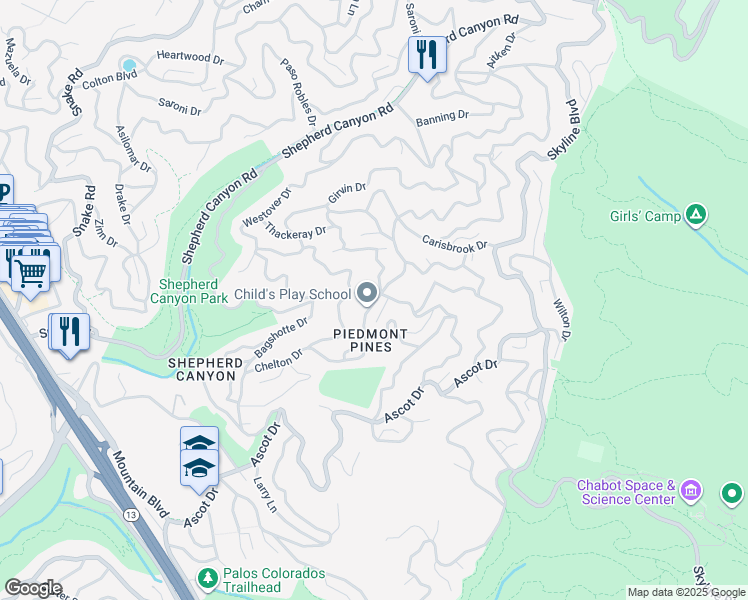 map of restaurants, bars, coffee shops, grocery stores, and more near 2 Chelton Lane in Oakland