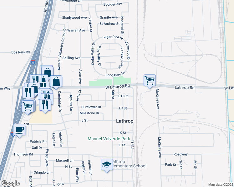 map of restaurants, bars, coffee shops, grocery stores, and more near 15086 5th Street in Lathrop