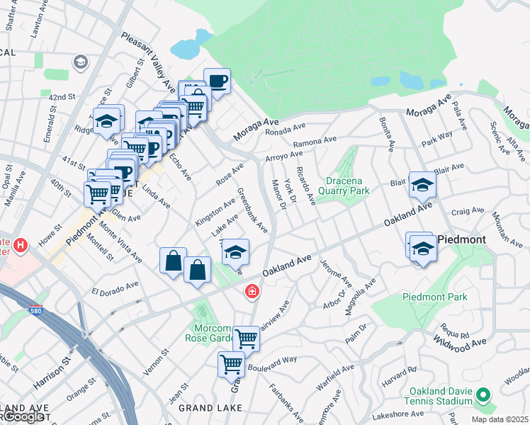 map of restaurants, bars, coffee shops, grocery stores, and more near 118 Greenbank Avenue in Piedmont