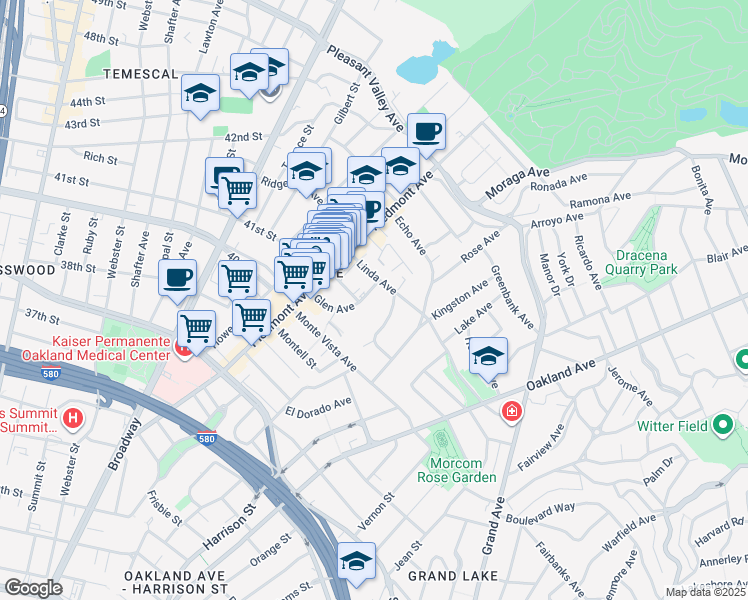 map of restaurants, bars, coffee shops, grocery stores, and more near 81 Glen Avenue in Oakland