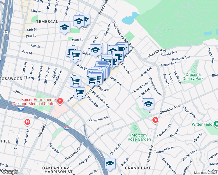 map of restaurants, bars, coffee shops, grocery stores, and more near in Oakland