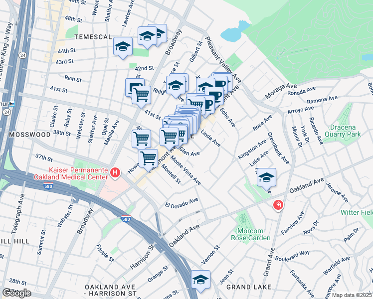 map of restaurants, bars, coffee shops, grocery stores, and more near in Oakland
