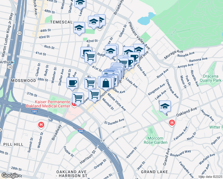 map of restaurants, bars, coffee shops, grocery stores, and more near 4037 Piedmont Avenue in Oakland