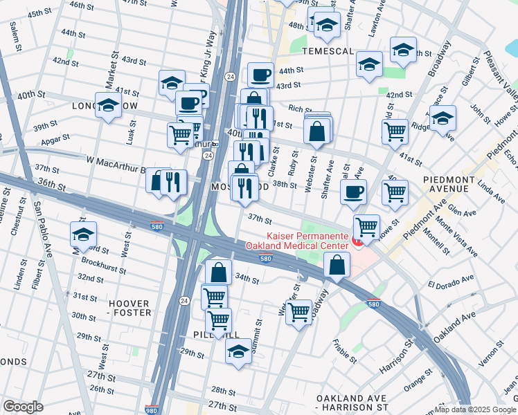 map of restaurants, bars, coffee shops, grocery stores, and more near 496 37th Street in Oakland