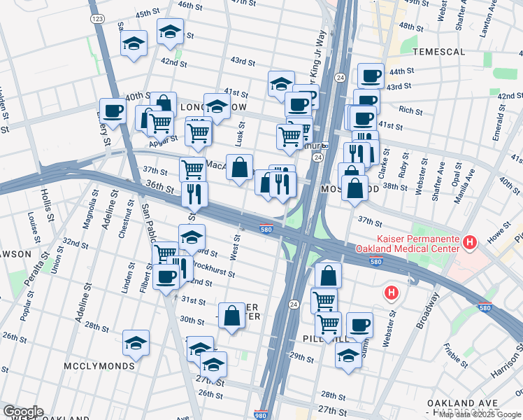 map of restaurants, bars, coffee shops, grocery stores, and more near 719 36th Street in Oakland