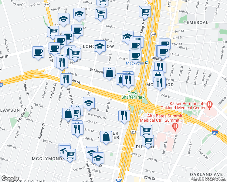 map of restaurants, bars, coffee shops, grocery stores, and more near 3601 West Street in Oakland