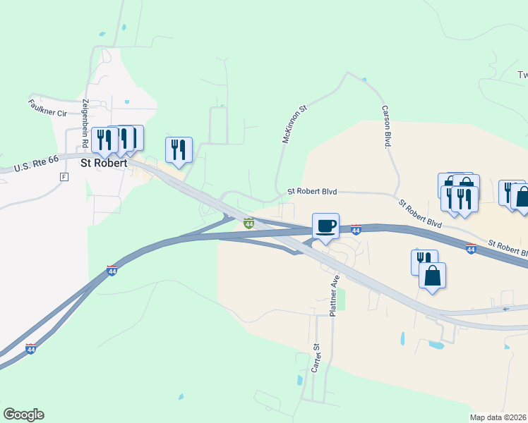map of restaurants, bars, coffee shops, grocery stores, and more near 316 Saint Robert Boulevard in Saint Robert