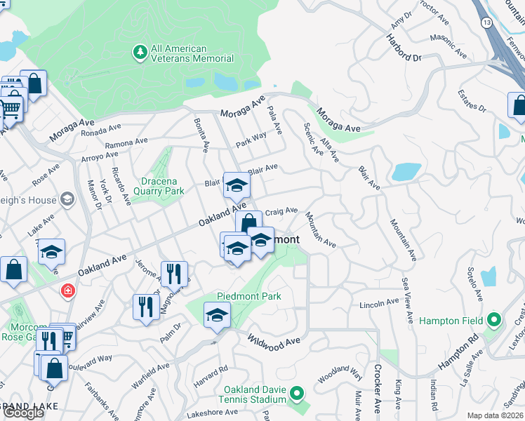 map of restaurants, bars, coffee shops, grocery stores, and more near 3 Craig Avenue in Piedmont