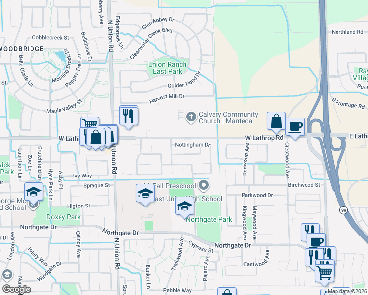 map of restaurants, bars, coffee shops, grocery stores, and more near 867 Buckingham Drive in Manteca