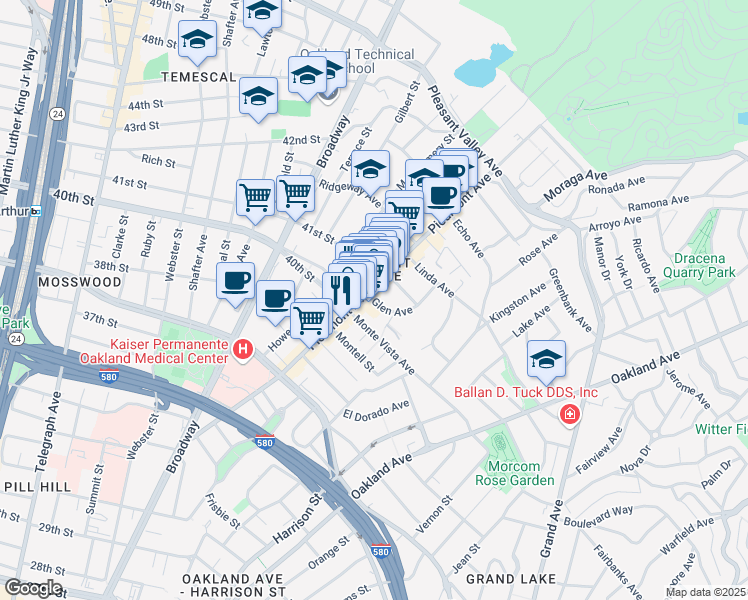 map of restaurants, bars, coffee shops, grocery stores, and more near 4037 Piedmont Avenue in Oakland