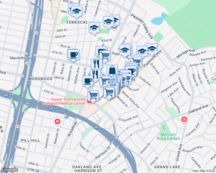 map of restaurants, bars, coffee shops, grocery stores, and more near 3801 Howe Street in Oakland