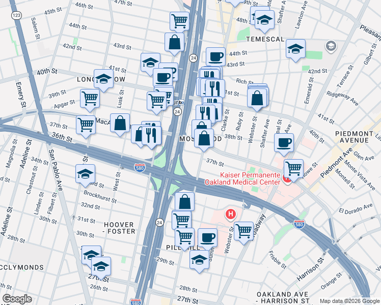 map of restaurants, bars, coffee shops, grocery stores, and more near 545 37th Street in Oakland