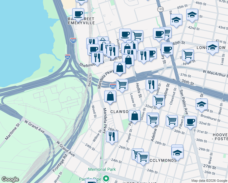map of restaurants, bars, coffee shops, grocery stores, and more near 1550 34th Street in Oakland