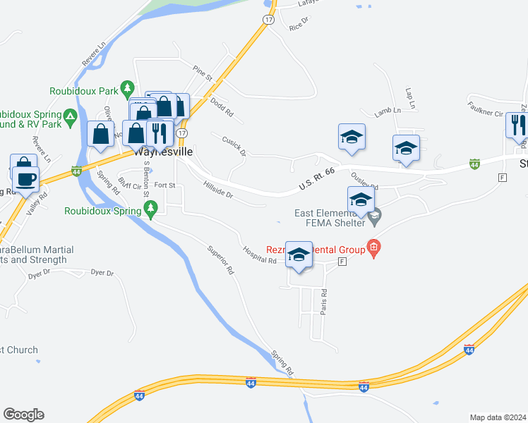 map of restaurants, bars, coffee shops, grocery stores, and more near 710 Hillside Drive in Waynesville