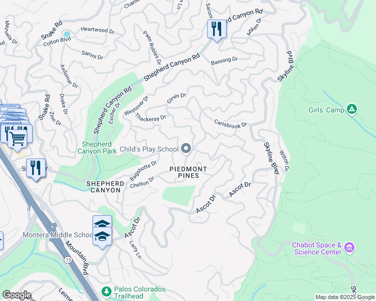 map of restaurants, bars, coffee shops, grocery stores, and more near 6171 Chelton Drive in Oakland