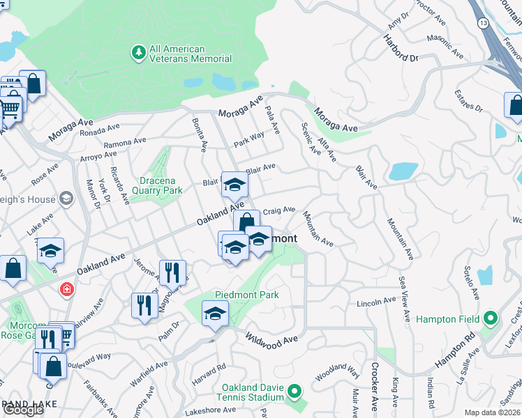 map of restaurants, bars, coffee shops, grocery stores, and more near 3 Craig Avenue in Piedmont